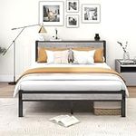 DUMEE King Size Bed Frame with Storage Wooden Headboard, Metal Bed Frame Kingsize Bed Base/Mattress Foundation, Enhanced Support Noise Free, Textured Black+Grey Oak