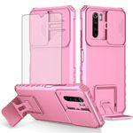 Asuwish Phone Case for Xiaomi Redmi Note 8 with Tempered Glass Screen Protector and Slide Camera Cover Kickstand Stand Slim Protective Mobile Hard Hybrid Cell Accessories Redme Note8 Women Men Pink