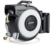 Tuyeho Retractable Garden Hose Reel 100FT, Wall Mount Heavy Duty Water Hose Reels with Automatic Slow Rewind System, Outdoor Hoses Reel with 2 Hose Nozzles for Garden Watering, Car Wash, Pet Shower