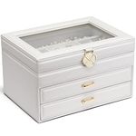 Vlando Jewelry Box for Girls Women, Glass Lid Jewelry Organizer with 2 Drawers for Valentines Day Gifts, Large 3 Layer Jewelry Storage for Necklaces Rings Earrings Bracelets Watches(White)