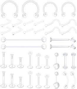 Mayhoop 38pcs Clear Piercing Retainers For Surgery Bioflex Nose Rings Belly Rings Septum Eyebrow Lip Cartilage Tragus Earring Retainer Industrial Bar Plastic Piercing Jewelry For Work