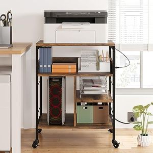 GarveeHome Printer Stand with Wheels, 4 Tier Rolling Printer Cart with Charging Sockets, Mobile Printer Table Paper File Organizer, Large Printer Stand for Home Office, Rustic Brown