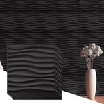 Drydiet 18 Pcs 3D Wall Panels 19.7 x 19.7 Inch PVC Wave Panels for Interior Wall Decor Textured Wall Coverings Wall Tiles for Bedroom Living Room Ceiling DIY, Covering 48 sq. ft. (Matte Black)