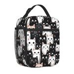 Mexpekil Black White Cat Insulated Lunch Bag for Women Men Thermal Lunch Box Portable Picnic Cooler Bag with Side Mesh Pocket Adults Lunchbox for Work