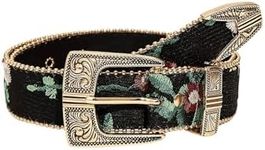 GORGLITTER Women's Floral Embroidery Belt Vintage Western Square Buckle Belts Black Floral suit waist size:29.5-33.5"