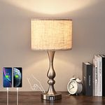 DEWENWILS Touch Control Table Lamp for Living Room, Dimmable Modern Bedside Lamp with 2 USB Ports, LED Bulb Included, Fabric Lampshade, Nickel Finish