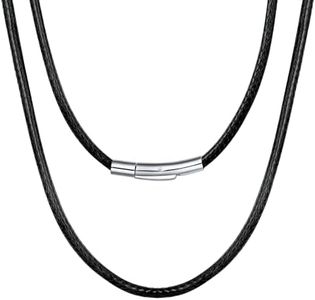 Bestyle 3MM Black Leather Necklace for Men Women,Waterproof Wax Woven Rope Chain with Stainless Steel Clasp, Leather Cord Necklace for Pendants 18"