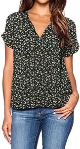 LILBETTER Women's V Neck Chiffon Blouse Short Sleeve Loose Top Shirt(Flower Black, Medium)