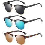 HILBALM (3 Pack) Polarized Sunglasses for women men Horn Rimmed UV400 Glasses Retro Semi Rimless (Black frame-gray lens/Black frame-blue lens/Leopard Frame-Brown Lens)