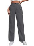 TOPLOT Cotton Solid Multi-Pocket Cargo Pant for Women (Wide-Leg-Cargo-5195-Dark Grey-34)