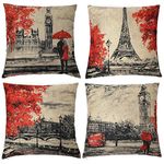 Freeas Throw Pillow Covers 18 x 18 Inches Black & Red Color Eiffel Tower & Big Ben Pillow Case Decorative Cushion Cover for Soft, Home, Bedroom, Indoor or Out Door Pillowcase(Set of 4)