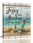 Christian Beach Anchor Wall Art Scripture Coastal Nautical Canvas Print Painting Bible Verses Pictures Framed Christian Gifts Artwork Dining Living Bathroom Bedroom Decor for Home Office 12"x16"