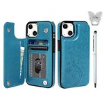 Compatible with iPhone 13 Flip Case, Wallet Case Embossed Butterfly Slim Folio Leather Cover Shockproof Card Holder Case with Pen and Ring Holder Designed for iPhone 13 6.1'' - Blue
