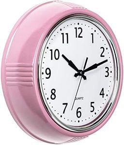 Bernhard Products Retro Wall Clock 9.5 Inch Pink Kitchen 50's Vintage Design Round Silent Non Ticking Battery Operated Quality Quartz for Home Office Baby Nursery Girls Room Classroom, Easy to Read