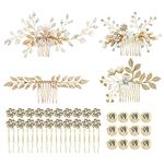 inSowni 36 Pack Gold Flower Leaf Bridal Wedding Hair Side Combs Slides+U-shaped Flower Hair Pins+Spiral Rhinestone Clips Barrettes Hair Pieces Headpieces Accessories for Brides Bridesmaids Women Girls