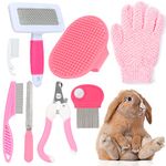 VCZONE Pink Small Animal Grooming Kit with Nail Clipper, Flea Comb, Shampoo Brush, Slicker Brush, Massage Glove for Rabbits