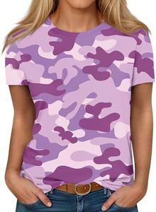 Generic T Shirts for Women Plus Size Tops for Women Summer Oversized Loose Casual Retro Top Fashion Camouflage Print Crew Neck Short-Sleeved Shirt Tee Womens Plus Size Shirts Purple 2XL