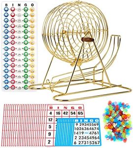 Regal Games - 11” Gold Party Bingo Cage - Includes 50 Jumbo Reusable Cards, 18 Standard Bingo Cards, 150 Chips, Master Board, 75 Bingo Balls - for Group Games, Bingo Hall, & Holiday Activities