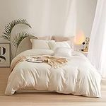 LifeTB Cream White Duvet Cover Full Size Washed Microfiber Off Bedding Sets Simple Style Ivory Comforter with Zipper Closure Solid 2 Pillowcases Full(80/inx90/in)