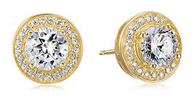 Amazon Essentials Yellow Gold Plated Sterling Silver Cubic Zirconia Halo Stud Earrings