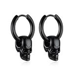 Bandmax Unisex Skull Huggie Hoop Earrings Stainless Steel Black Skull Head Earrings Hinged Hoop Earrings with Skull Charms Small Skull Earrings Cool Earrings for Women Men