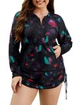 Halcurt Plus Size Rash Guard for Women UPF 50+ Zip Drawstring Ruched Pocket Top, Jerryfish, 2X