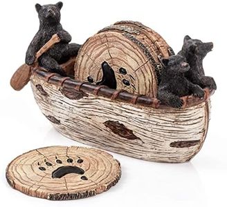 Bear Coasters Set – 6 Full Size Rustic Coasters in Handmade Canoe with Adorable Black Bear Figurines | Black Bear Log Cabin Decorations, Rustic Lodge Decor for The Home