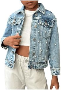 WDIRARA Toddler Girl's Collared Long Sleeve Button Front Ripped Denim Shirt Jacket Medium Wash Pearls 7Y