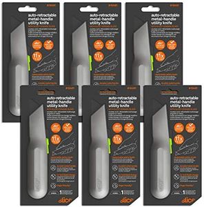 Slice 10491 Metal-Handle Utility Knife, Finger Friendly Ceramic Blade, Auto Retracts for Safety, Heavy Metal Handle, Comfortable Grip, Stores Extra Blade, Ambidextrous, Easy Blade Change - 6 Pack