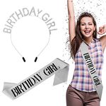 Sibba Birthday Tiara Crowns Happy Birthday Girl Sash Set Princess Queen Rhinestone Shining Headband Women Celebrate Party Prom Costume Outfit Hair Styling Tool(Silver)