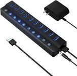 ONFINIO Powered USB Hub 3.0, 10-Port USB Splitter Hub with Individual On/Off Switches and 12V/2A Power Adapter USB Extension