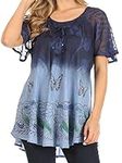 Sakkas TS-2209 - Petra Women's Casual Loose Flared Corset Short Sleeve Lace Blouse Top Tunic - 2202-Navy - OSP