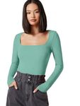 MAHEBO Women's & Girl's Long Sleeve Casual Tops | Solid Square Neck Long Sleeve Casual Stylish Western Ribbed Tops for Women (X-Small, Sea Green)