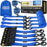 AUGO Ratchet Tie Down Straps –4 PK– 4.5m – 1000 KG Break Strength – Safety Lock S Hooks –for Moving Cargo, Appliances, Lawn Equipment, Motorcycle – Includes 2 Bungee Cords, 4 Soft Loops, Storage Bag