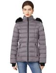 SLOWTOWN Women's Puffer Jacket Warm Hooded Winter Puffy Jacket with Faux-Fur Trim and Collar (Grey, Large)