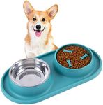 Dog Food Bowls Puppy Slow Feeder Non-Skid and Non-Spill Silicone Pads Dry Food Slow Eating Bowl Removable Stainless Steel Food and Water Dishes for Small Medium Dogs and Cats (Green)