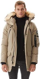 Molemsx Long Winter Jackets For Men, Down Coats For Men,Men's Warm Parka Puffer Jacket for Cold Weather Men's Down Jackets & Coats Winter Down Jacket with Hood Faux Fur Trim Beige S Regular