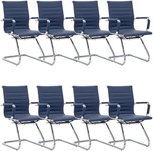 DM Furniture Office Desk Chair Set of 8,No Wheels PU Leather Computer Chairs Mid Back Guest Chairs with Seld Base for School/Reception/Conference/Waiting Room,Navy Blue