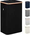 Lonbet - Laundry Hamper with Lid Cover - Sturdy Tall Bamboo Laundry Basket Clothes Organizer - Aesthetic Bedroom Fabric Bin - Big Bathroom Dirty Clothes Hamper - Removable Bag - XL 100 Liters - Black