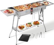 Charcoal Grill (122 x 30 x 75 cm), Portable Charcoal Grill, Folding Grill, Stainless Steel, BBQ Charcoal Grill with Non-Stick Pan, Adjustable Ventilation Openings, Camping Grill for Garden, Backyard,