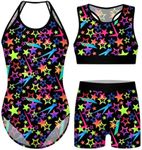 Kinberr Girls Gymnastics Leotards Sparkly Black Stars Unitards Biketards Quick Dry One Piece Halter Bodysuit for Sports