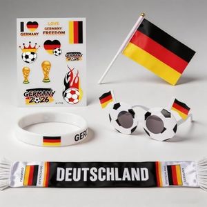 Germany Fan Accessories Kit for World Cup 2026 - Soccer Fans Pack Includes Scarf, Small Handheld Flag, Silicone Wristband, Temporary Tattoo, and Novelty Fan Glasses for Match Day & Soccer Party Favors