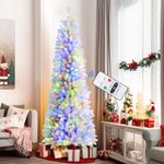 SHareconn 6ft Prelit Artificial Hinged Pencil Christmas Tree, Warm White & Multi-Color Lights with Remote Control, 688 Branch Tips and Foldable Metal Stand Slim Holiday Decoration for Xmas, White
