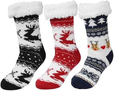 Sooneeya Christmas Gripper Slipper Socks for Women Thick Warm Comfy Fuzzy Slipper Sock with Grip Winter Gift for Women Black Deer Red Deer Christmas Blue -3 Pair