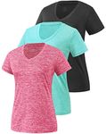 Star Vibe 3 Pack Women's Short Sleeve Dry Fit T-Shirts Moisture Wicking Athletic V-Neck Gym Tee Exercise Yoga Tops Black/Cyan/Rose L