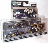 greenlight entertainment hollywood hitch & tow smokey and the bandit 1980 pontiac am 2015 car & chevrolet silverado with car hauler 2 piece set 1.64 scale diecast model