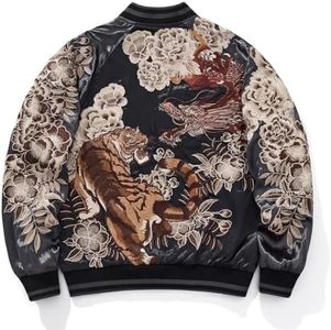 Sukajack Dragon Tiger Embroidered Bomber Jacket Japanese Retro Floral Streetwear Spring Fall Satin Varsity Windbreaker Coat for Men Women