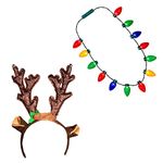 Windy City Novelties Ugly Sweater Christmas Party Kit - Holiday Hat + LED Christmas Bulb Necklace Combo (LED Reindeer Headband + Necklace)