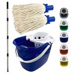 Floor Mop and Bucket Set - 2PC Mops for Cleaning Floors with Bucket, Pure Yarn Mop Heads and Heavy-Duty Mop Bucket, Industrial Mop and Bucket for Domestic and Commercial Use (Blue)