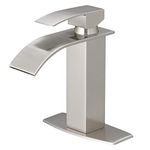 BESy Brushed Nickel Waterfall Spout Bathroom Faucet,Single Handle Bathroom Vanity Sink Faucet, Rv Lavatory Vessel Faucet Basin Mixer Tap with Deck Plate, Lead Free Solid Stainless Steel/Brushed Nickel